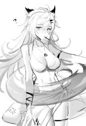 Rule 34 | 1girl, ?, absurdres, animal ears, arknights, bikini, breasts, cleavage, greyscale, hair ornament, hairclip, highres, innertube, lappland (arknights), large breasts, long hair, looking at viewer, material growth, meng ziya, midriff, monochrome, mouth hold, navel, oripathy lesion (arknights), sketch, solo, swim ring, swimsuit, thigh strap, wolf ears