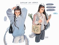 Rule 34 | ..., 1girl, arms up, arrow (symbol), artist name, bag, bbybluemochi, black hair, blue sweater, bracelet, brown eyes, cellphone, chromatic aberration, commentary, contemporary, cowboy shot, cropped legs, dragon horns, dragon tail, english commentary, english text, genderswap, genderswap (mtf), grey pants, hair tie, hair tie in mouth, hairband, highres, holding, holding bag, holding phone, hood, hood down, hoodie, horns, jewelry, lan wangji, long hair, long sleeves, modao zushi, mouth hold, multiple views, pants, phone, pointy ears, recycling symbol, shirt, shopping bag, signature, simple background, light smile, smartphone, speech bubble, spoken ellipsis, spring onion, striped clothes, striped hoodie, sweater, tail, text messaging, tote bag, white background, white hairband, white hoodie, white pants, white shirt