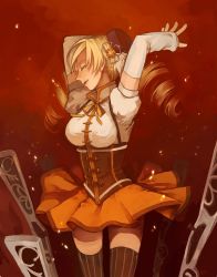 Rule 34 | 10s, 1girl, arms up, beret, blonde hair, brown thighhighs, closed eyes, corset, detached sleeves, drill hair, gun, hair ornament, hair ribbon, hairpin, hat, light particles, magical girl, magical musket, mahou shoujo madoka magica, mahou shoujo madoka magica (anime), mitsukyon, perspective, pleated skirt, puffy sleeves, red background, ribbon, rifle, shirt, skirt, solo, striped clothes, striped thighhighs, taut clothes, taut shirt, thighhighs, tomoe mami, twin drills, twintails, vertical-striped clothes, vertical-striped thighhighs, weapon, zettai ryouiki