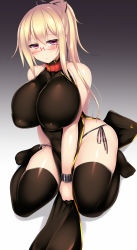 Rule 34 | 1girl, bare shoulders, belt collar, black background, black thighhighs, blonde hair, blush, breasts, china dress, chinese clothes, collar, covered erect nipples, dress, glasses, gradient background, grey background, hair ribbon, highres, huge breasts, impossible clothes, kubiwa (kutan), kutan, long hair, looking at viewer, original, parted lips, pink eyes, ponytail, puffy nipples, puffy sleeves, red-framed eyewear, ribbon, sitting, skindentation, solo, thighhighs, thighs