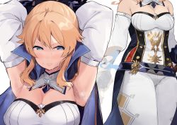Rule 34 | 1girl, adjusting hair, armpits, arms up, bare shoulders, blonde hair, blue capelet, blue eyes, bow, breasts, capelet, caplet, cleavage, detached collar, detached sleeves, diamond (shape), genshin impact, hair bow, highres, jean (genshin impact), medium breasts, okpriko, pants, ponytail, presenting armpit, sidelocks, skin tight, sleeveless, steaming body, sweat, tight clothes, tight pants, white legwear, white pants, white sleeves