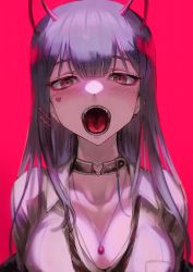 Rule 34 | 1girl, absurdres, akuma nihmune, akuma nihmune (1st costume), breasts, choker, cleavage, commission, demon girl, demon horns, ear piercing, earrings, heart, highres, horns, indie virtual youtuber, jewelry, leash, loose clothes, loose necktie, loose shirt, necklace, necktie, open mouth, piercing, pink background, purple hair, red eyes, rin (rin7kan7), second-party source, sharp teeth, shirt, teeth, tongue, virtual youtuber