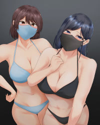 2girls absurdres bikini black_bikini blue_bikini breasts cleavage halo_prison highres large_breasts mask mouth_mask multiple_girls simple_background swimsuit