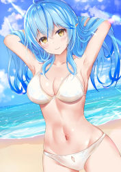 Rule 34 | 1girl, absurdres, ahoge, armpits, arms up, bikini, blue hair, blush, breasts, cleavage, closed mouth, cloud, colored tips, elf, grabbing another&#039;s hair, hair between eyes, heart, heart ahoge, highres, hololive, large breasts, long hair, looking at viewer, multicolored hair, navel, nikke (supercell19951218), ocean, pointy ears, sky, smile, solo, streaked hair, sunlight, swimsuit, virtual youtuber, white bikini, yellow eyes, yukihana lamy