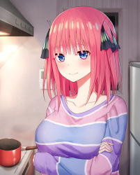 Rule 34 | 1girl, blue eyes, blush, breasts, closed mouth, collarbone, commentary request, go-toubun no hanayome, hair ornament, indoors, large breasts, long sleeves, looking at viewer, multicolored clothes, nakano nino, pink hair, piripun, pot, shirt, short hair, smile, solo, stove, striped clothes, striped shirt, two side up, upper body