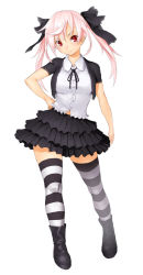 Rule 34 | 1girl, blush, boots, bow, frilled skirt, frills, hair bow, hand on own hip, highres, long hair, looking at viewer, onsoku inu, original, pink hair, red eyes, simple background, skirt, solo, striped clothes, striped thighhighs, thighhighs, twintails, white background, zettai ryouiki