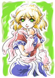 Rule 34 | 1girl, arm warmers, blonde hair, blouse, fesserst, fingernails, green background, green eyes, hand on own chin, lips, looking at viewer, mizuhashi parsee, pointy ears, sash, scarf, shirt, short hair, short sleeves, simple background, skirt, smile, solo, touhou