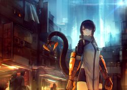 Rule 34 | 1girl, bad id, bad pixiv id, bike shorts, black hair, city, closed mouth, cyberpunk, cyborg, earrings, eyepatch, highres, jewelry, looking at viewer, mechanical arms, mechanical tail, mihato senba, orange eyes, original, outdoors, science fiction, short hair, shorts, single mechanical arm, slit pupils, solo focus, standing, sumi elias, swept bangs, tail