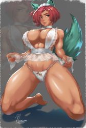 Rule 34 | 1girl, animal ears, apron, arc system works, blush, breasts, cameltoe, dark-skinned female, dark skin, giovanna (guilty gear), green eyes, guilty gear, guilty gear strive, highres, kneeling, large breasts, muscular, muscular female, noxcuro, panties, red hair, tail, thick thighs, thighs, thong, underwear
