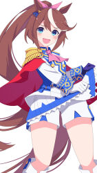 Rule 34 | 1girl, absurdres, adjusting clothes, adjusting gloves, animal ears, ascot, asymmetrical gloves, black gloves, blue eyes, bow, brown hair, buttons, commentary request, double-breasted, ear ornament, epaulettes, gloves, hair between eyes, highres, horse ears, horse girl, jacket, jyujo niton, long hair, long sleeves, mismatched gloves, multicolored clothes, multicolored hair, multicolored jacket, open mouth, pink ascot, pink bow, pleated skirt, shorts, side cape, simple background, single epaulette, skirt, smile, solo, streaked hair, tokai teio (umamusume), two-tone jacket, umamusume, very long hair, white background, white gloves, white skirt