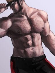 Rule 34 | 1boy, abs, bara, black hair, black pants, chest hair, closed mouth, facial hair, golden kamuy, hat, large pectorals, long sideburns, male focus, military hat, muscular, muscular male, navel, nipples, nopinzo, pants, pectorals, short hair, sideburns, solo, tanigaki genjirou, twitter username