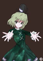 Rule 34 | 1girl, alphes (style), dress, female focus, green dress, green eyes, hat, kaoru (gensou yuugen-an), outstretched arms, parody, signature, silver hair, smile, soga no tojiko, solo, style parody, touhou