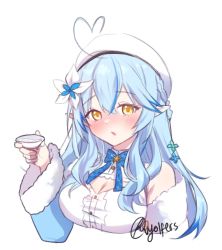 Rule 34 | 1girl, :o, ahoge, alcohol, artist name, beret, blue bow, blue hair, blush, bow, breasts, cleavage, cleavage cutout, clothing cutout, commentary, cup, elf, english commentary, flower, fur trim, hair between eyes, hair flower, hair ornament, half updo, hat, heart, heart ahoge, heart hair, highres, holding, holding cup, hololive, large breasts, open mouth, pointy ears, sakazuki, sake, solo, upper body, virtual youtuber, vyolfers, white background, white flower, white hat, yellow eyes, yukihana lamy