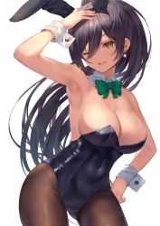 Rule 34 | 1girl, animal ears, arm up, armpits, bare arms, bare shoulders, black hair, black leotard, bow, bowtie, breasts, brown pantyhose, cleavage, contrapposto, covered navel, cowboy shot, detached collar, earrings, fake animal ears, gluteal fold, hairband, hand on own head, hand on own hip, highleg, highleg leotard, highres, idolmaster, idolmaster shiny colors, jewelry, large breasts, leotard, long hair, looking at viewer, no bra, one eye closed, open mouth, orange eyes, pantyhose, playboy bunny, ponytail, rabbit ears, rangen, shiny clothes, shirase sakuya, simple background, smile, solo, standing, strapless, strapless leotard, very long hair, white background, wrist cuffs