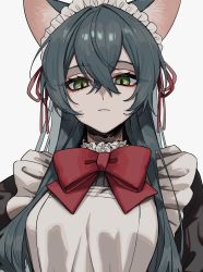 Rule 34 | 1girl, animal ears, apron, blue hair, bow, breasts, cat ears, closed mouth, frown, green eyes, hair ribbon, highres, itou (very ito), long hair, looking at viewer, maid, maid apron, maid headdress, original, red bow, ribbon, solo, white background