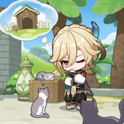 Rule 34 | 1boy, absurdres, black gloves, black pants, blonde hair, blue sash, blue sky, braid, bush, cape, cat, chibi, closed eyes, closed mouth, cloud, commentary request, day, earrings, eyelashes, feather hair ornament, feathers, field, flower, genshin impact, gloves, gold trim, grass, grey cat, hair between eyes, hair ornament, hand on own chin, hand up, highres, jewelry, kaveh (genshin impact), long hair, long sleeves, male focus, mountain, official art, one eye closed, outdoors, pants, parted bangs, partially fingerless gloves, red cape, red eyes, sash, shadow, shirt, shoes, sidelocks, sitting, sky, sleeping, smile, solo, split mouth, standing, tassel, thinking, thought bubble, tree, vase, vision (genshin impact), white footwear, white shirt, wooden box, yellow flower