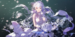 Rule 34 | 1girl, :d, artist name, azur lane, bare shoulders, blue eyes, blurry, bouquet, breasts, cleavage, collarbone, cowboy shot, depth of field, dress, facing viewer, flower, blush, green background, highres, illustrious (azur lane), illustrious (morning star of love and hope) (azur lane), large breasts, long hair, looking at viewer, looking to the side, low-cut, low twintails, open mouth, petals, ribbon, signature, silver hair, smile, solo, swd3e2, twintails, wedding dress