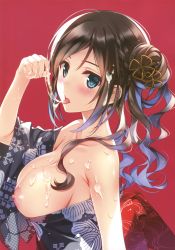 Rule 34 | 1girl, absurdres, amamiya satsuki, bare shoulders, blush, breasts, breasts out, comic aun, cum, cum in mouth, dual wielding, highres, holding, japanese clothes, kimono, large breasts, looking at viewer, misaki kurehito, nipples, no bra, open clothes, open shirt, puffy nipples, scan, solo, tongue, tongue out, yukata