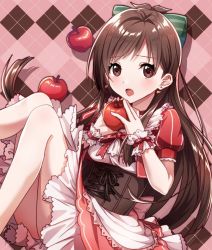 Rule 34 | 1girl, apple, argyle, argyle background, argyle clothes, blush, bow, brown eyes, brown hair, choker, commentary, corset, dress, earrings, food, frilled sleeves, frills, fruit, green bow, hair bow, heart, heart earrings, holding, holding food, holding fruit, idolmaster, idolmaster cinderella girls, jewelry, legs, long hair, looking at viewer, open mouth, puffy short sleeves, puffy sleeves, red choker, red dress, short sleeves, tsujino akari, tsukasa kinako, wrist cuffs