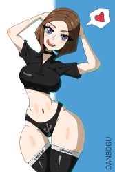 Rule 34 | 1girl, :q, arms behind head, artist request, bad id, bad pixiv id, black choker, black legwear, black panties, black shirt, blue background, blue eyes, choker, collared shirt, company name, crop top, facing viewer, head tilt, heart, heart-shaped pupils, highres, legs together, looking at viewer, midriff, narrow waist, navel, panties, product girl, samsung, samsung sam, shirt, short hair, simple background, skindentation, solo, source request, spoken heart, standing, symbol-shaped pupils, tagme, thigh gap, tongue, tongue out, underwear, usb, white background, wide hips