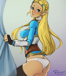 Rule 34 | 1girl, ass, black thighhighs, blonde hair, blue eyes, blush, braid, breasts, butt crack, corset, covered erect nipples, curtain grab, curtains, dated, eyebrows, fingerless gloves, forehead, french braid, gloves, hair ornament, hairclip, long hair, mina cream, nintendo, no pants, panties, perky breasts, pointy ears, princess zelda, sidelocks, small breasts, solo, the legend of zelda, the legend of zelda: breath of the wild, thighhighs, underwear, white panties