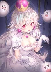 Rule 34 | 1girl, :3, blush, boo (mario), breasts, cleavage, collarbone, dress, earrings, elbow gloves, ghost pose, gloves, highres, jewelry, large breasts, long hair, looking at viewer, luigi&#039;s mansion, mario (series), new super mario bros. u deluxe, nintendo, pointy ears, princess king boo, red eyes, revision, saltycaramel, smile, solo, super crown, tongue, tongue out, very long hair, white dress, white gloves, white hair