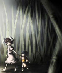 Rule 34 | 2girls, animal ears, bad id, bad pixiv id, bamboo, bamboo forest, barefoot, black hair, brown hair, rabbit ears, carrot, female focus, forest, inaba tewi, japanese clothes, multiple girls, nature, negi (artist), negi (type03), red eyes, short hair, touhou