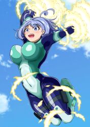 Rule 34 | 1girl, :o, blue eyes, blue hair, blue sky, blush, bodysuit, boku no hero academia, breasts, commentary request, day, energy, floating, hadou nejire, highres, large breasts, midair, skin tight, sky, solo, yms