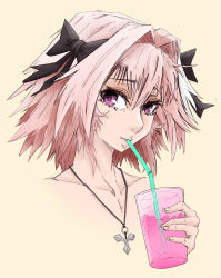 Rule 34 | 1boy, astolfo (fate), astolfo (memories at trifas) (fate), black bow, bow, collarbone, cup, drink, drinking, drinking straw, fate/apocrypha, fate/grand order, fate (series), hair bow, hair intakes, highres, holding, holding cup, ice, ice cube, jewelry, male focus, multicolored hair, pendant, pink hair, pink liquid, portrait, purple eyes, samyrkandia, sepia background, simple background, solo, streaked hair, trap, white hair