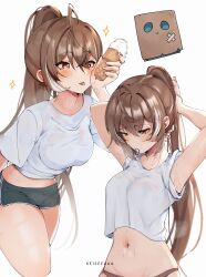 Rule 34 | 1girl, absurdres, armpits, artist name, brown eyes, brown hair, dolphin shorts, food, friend (nanashi mumei), hair between eyes, hair tie, hair tie in mouth, highres, hololive, hololive english, ice cream, ice cream cone, keisea, midriff, mouth hold, multiple views, nanashi mumei, navel, ponytail, shirt, short shorts, shorts, simple background, sleeves rolled up, solo, sweat, t-shirt, thighs, virtual youtuber, wet, wet clothes, wet shirt, white background, white shirt