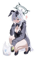 Rule 34 | 1girl, absurdres, animal ear fluff, animal ears, bag, black footwear, black leotard, blue archive, blue eyes, blush, breasts, can, cleavage, cross hair ornament, dark halo, detached collar, extra ears, fake animal ears, grey hair, grey jacket, hair between eyes, hair ornament, halo, heart, high heels, highres, holding, holding can, jacket, large breasts, leotard, long hair, long sleeves, looking at viewer, mismatched pupils, neranainerune, open clothes, open jacket, open mouth, plastic bag, rabbit ears, shiroko (blue archive), shiroko terror (blue archive), simple background, solo, strapless, strapless leotard, white background, wolf ears