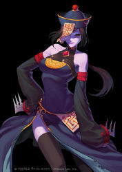 Rule 34 | 1girl, absurdres, bare shoulders, black background, black hair, black thighhighs, breasts, brooch, chinese clothes, claws, cleavage, company name, copyright name, detached sleeves, dress, empty eyes, haje, hand on own hip, hat, highres, jewelry, jiangshi, lips, looking at viewer, low ponytail, original, qingdai guanmao, red eyes, side slit, simple background, smile, solo, talisman, thighhighs, turtleneck, watermark, zombie