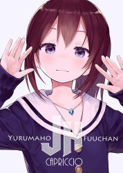 Rule 34 | 1girl, blue shirt, brown hair, capriccio, closed mouth, commentary request, copyright request, grey background, hair between eyes, high ponytail, indie virtual youtuber, jewelry, long hair, long sleeves, looking at viewer, pendant, ponytail, purple eyes, sailor collar, school uniform, serafuku, shirt, simple background, sleeves past wrists, solo, upper body, virtual youtuber, white sailor collar