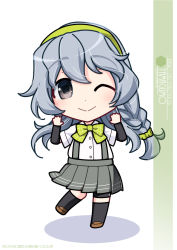 Rule 34 | 1girl, arm warmers, artist name, bike shorts, black socks, bow, bowtie, braid, character name, chibi, commentary request, full body, green hairband, grey eyes, grey hair, grey skirt, hairband, highres, inaba shiki, kantai collection, long hair, looking at viewer, pleated skirt, shirt, sidelocks, single braid, skirt, socks, solo, standing, suspender skirt, suspenders, wavy hair, white shirt, yamagumo (kancolle)
