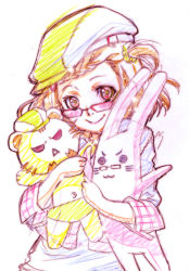 Rule 34 | 10s, 1girl, age difference, barnaby brooks jr., bespectacled, blush, braid, braided bangs, brown hair, cabbie hat, character doll, checkered clothes, checkered shirt, color trace, colored pencil (medium), father and daughter, glasses, hat, kaburagi kaede, kaburagi t. kotetsu, nishida asako, plaid, plaid shirt, shirt, short hair, side ponytail, smile, solo, stuffed animal, stuffed rabbit, stuffed tiger, stuffed toy, tiger &amp; bunny, traditional media
