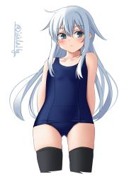 Rule 34 | 1girl, arms behind back, black thighhighs, blue eyes, blue one-piece swimsuit, collarbone, cowboy shot, flat chest, gluteal fold, hair between eyes, hibiki (kancolle), highres, ishida arata, kantai collection, long hair, old school swimsuit, one-piece swimsuit, school swimsuit, school swimsuit flap, simple background, solo, swimsuit, thighhighs, twitter username, white background, white hair