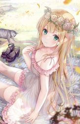 Rule 34 | 1girl, animal, ass, bare shoulders, blonde hair, blush, breasts, cat, cleavage, closed mouth, collarbone, dress, falling petals, flower, frilled dress, frills, grass, green eyes, hair between eyes, hair flower, hair ornament, hanahanamaki, large breasts, long hair, looking at viewer, looking to the side, looking up, no bra, no panties, original, petals, see-through, see-through dress, shadow, sleeveless, smile, sousouman, thighs, very long hair