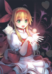 Rule 34 | 1girl, :d, ahoge, animal, animal on shoulder, apron, blonde hair, cat, cat on shoulder, culter, dress, ellen (touhou), green eyes, hair ribbon, heart, jewelry, necklace, open mouth, outstretched hand, puffy sleeves, red dress, ribbon, shirt, short sleeves, smile, sokrates (touhou), touhou, touhou (pc-98), waist apron