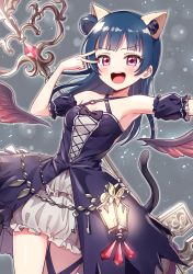 Rule 34 | 1girl, :d, animal ear fluff, animal ears, armpits, barefoot, black bow, blue hair, blush, bow, breasts, cat ears, cat tail, cleavage, deadnooodles, detached sleeves, detached wings, dress, grey background, hair bun, halterneck, highres, key, lantern, long hair, looking at viewer, love live!, love live! school idol festival, love live! sunshine!!, nail polish, open mouth, purple dress, purple eyes, red nails, short sleeves, side bun, single hair bun, single side bun, small breasts, smile, solo, tail, teeth, tsushima yoshiko, upper body, upper teeth only, v, wings