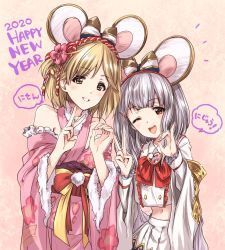 Rule 34 | 2020, 2girls, ;d, animal ears, black eyes, blonde hair, bow, brooch, brown eyes, chinese zodiac, clothing cutout, commentary request, djeeta (granblue fantasy), english text, fake animal ears, fur-trimmed kimono, fur trim, granblue fantasy, grin, happy new year, heart, heart brooch, highres, japanese clothes, kimono, kuroi mimei, long sleeves, midriff, mouse ears, multiple girls, new year, one eye closed, open mouth, pink kimono, red bow, red neckwear, shirt, shoulder cutout, side-by-side, silver hair, skirt, smile, vikala (granblue fantasy), white shirt, white skirt, wide sleeves, year of the rat