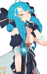 Rule 34 | 1girl, absurdres, ahoge, bare shoulders, black gloves, blue eyes, blue hair, blush, breasts, breasts out, closed eyes, closed mouth, cum, cum on body, cum on clothes, cum on gloves, cum on hair, drill hair, facial, gloves, glowing, gwen (league of legends), heart, highres, league of legends, long hair, medium breasts, nipples, pepper0, simple background, solo, steam, white background