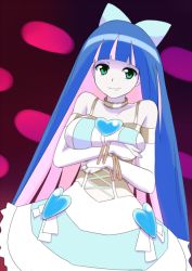 Rule 34 | 10s, 1girl, alternate costume, bare shoulders, bow, bracelet, breasts squeezed together, breasts, choker, colored inner hair, crossed arms, dress, green eyes, hair bow, heart, jewelry, large breasts, long hair, lots of jewelry, multicolored hair, onima, panty &amp; stocking with garterbelt, smile, solo, stocking (psg), two-tone hair