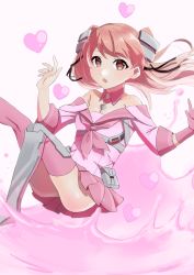 Rule 34 | 1girl, absurdres, alternate color, bad id, bad twitter id, breasts, brown eyes, cleavage, commentary, gloves, heart, highres, johnston (kancolle), kantai collection, light brown hair, long hair, medium breasts, off shoulder, pink gloves, pink neckwear, pink sailor collar, pink shirt, pink skirt, pink thighhighs, pleated skirt, ripples, sailor collar, school uniform, serafuku, shirt, single glove, skirt, solo, thighhighs, toriniku senshi chikinman, two side up