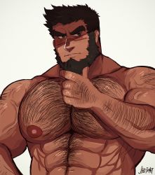 Rule 34 | 1boy, abs, arm hair, bara, beard, black hair, chest hair, commission, completely nude, facial hair, hairy, highres, large pectorals, male focus, mature male, mick (baradetectives), muscular, muscular male, navel hair, nipples, nude, original, pectorals, ruslorc, scar, scar on face, scar on nose, short hair, solo, stomach, stroking beard, thick eyebrows