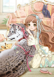 Rule 34 | 1girl, animal, animal hug, ayatoki, brown hair, carpet, cat, collar, comb, couch, dress, eyebrows, female focus, flower, frilled dress, frills, green eyes, hair brush, hair flower, hair ornament, hair ribbon, hairband, hairclip, highres, hug, humiliation, indoors, lace, lace ribbon, leopard, lips, long hair, on floor, original, patterned upholstery, pillow, ribbon, sitting, smile, solo, spiked collar, spikes, stuffed animal, stuffed toy, sweatdrop, teddy bear, window