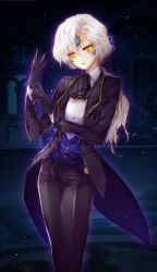 Rule 34 | 1girl, absurdres, adjusting clothes, adjusting gloves, alternate costume, arch, ascot, black gloves, black jacket, black pants, black ribbon, blue vest, blurry, blurry background, butler, chain, closed mouth, collared shirt, dark, elsword, eve (elsword), facial mark, female butler, forehead jewel, gloves, glowing, hair between eyes, hair ribbon, head tilt, highres, jacket, legs together, light particles, long hair, long sleeves, looking at viewer, low ponytail, ming (wldi0132), pants, pocket watch, red lips, ribbon, shade, shirt, solo, standing, swept bangs, tailcoat, vest, watch, white hair, white shirt, yellow eyes