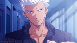 Rule 34 | 1boy, akujiki59, archer (fate), black shirt, blurry, blurry foreground, casual, dark-skinned male, dark skin, fate/stay night, fate (series), head tilt, indoors, pectoral cleavage, male focus, moonlight, official style, partially unbuttoned, pectorals, shirt, short hair, smile, solo focus, spiked hair, toned, toned male, upper body, white hair