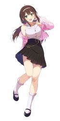 Rule 34 | 1girl, black footwear, black skirt, breasts, brown hair, character request, collarbone, copyright request, full body, green eyes, hairband, highres, jewelry, large breasts, long hair, looking at viewer, low twintails, mole, mole under eye, nail polish, narumi nanami, necklace, pink nails, pleated skirt, simple background, skirt, sleeveless, socks, solo, twintails, white background, white socks