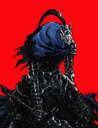 Rule 34 | 1boy, armor, artist name, artorias the abysswalker, cape, dark souls (series), dark souls i, full armor, gauntlets, helmet, highres, holding, holding sword, holding weapon, knight, male focus, menaslg, pauldrons, red background, shoulder armor, simple background, solo, standing, sword, torn clothes, weapon