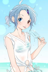 Rule 34 | 1girl, aqua hair, commentary request, drawstring, dripping, food, heterochromia, ocean, popsicle, see-through, shirt, short hair, short ponytail, sky, sleeves rolled up, solo, sparkle background, swimsuit, swimsuit under clothes, tatara kogasa, tied shirt, tongue, tongue out, touhou, v-neck, yuzuna99